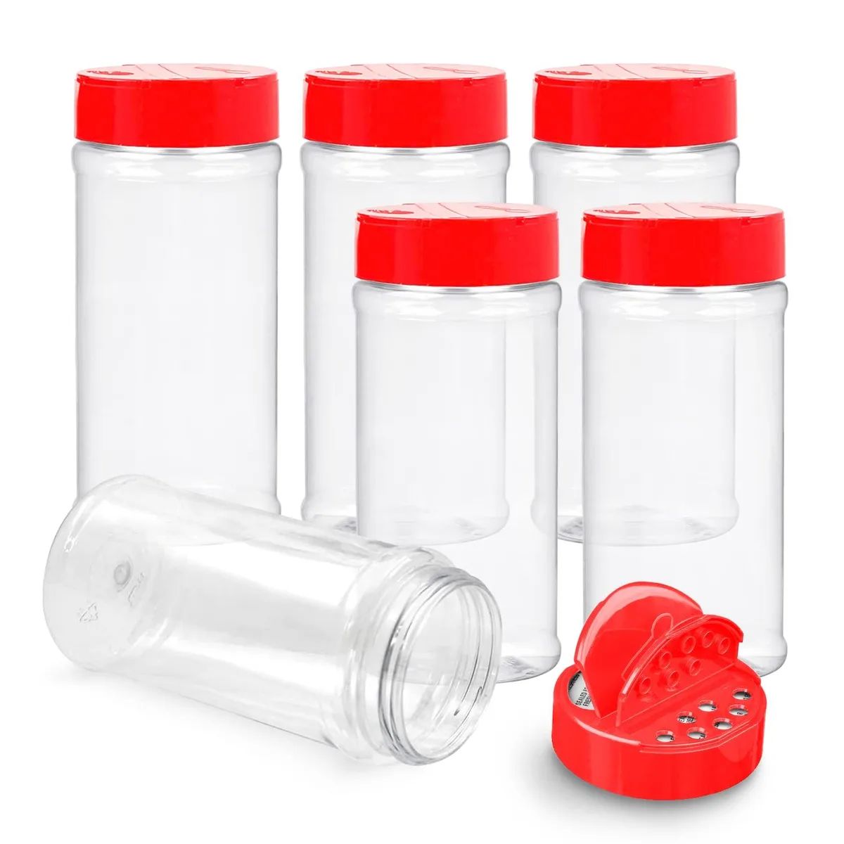 Six clear 16 oz plastic spice jars with red flip-top lids