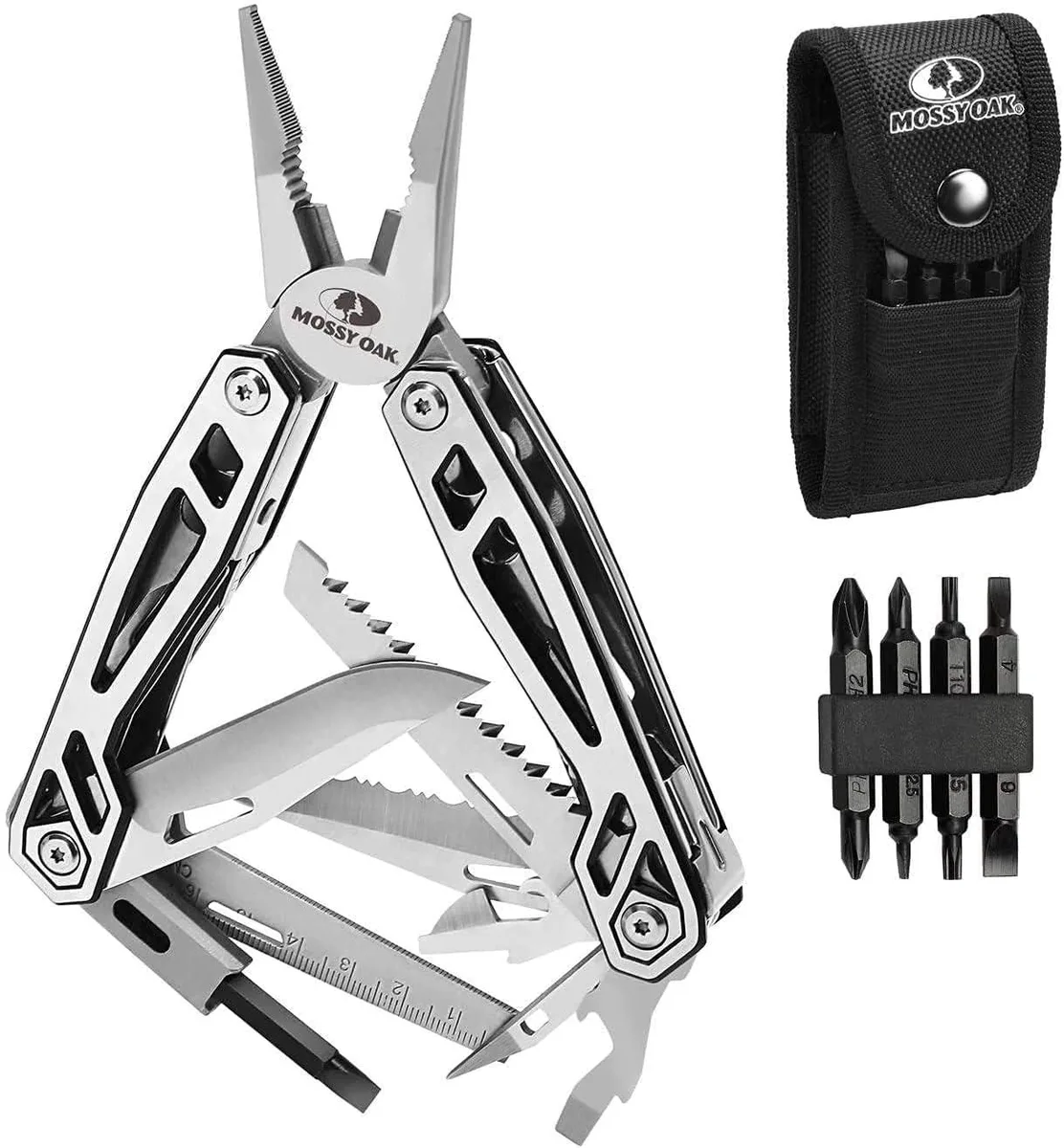 Stainless steel multitool pliers in blue, 21 functions, with nylon sheath