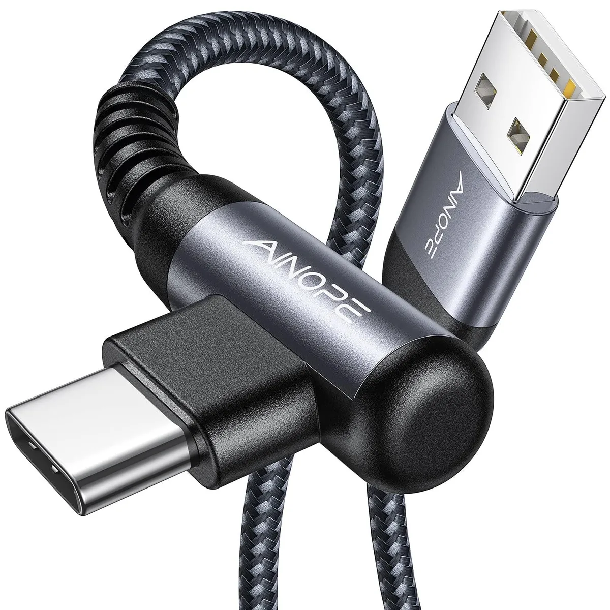 Two space-grey USB-A to USB-C cables with right-angle connectors and braided nylon finish