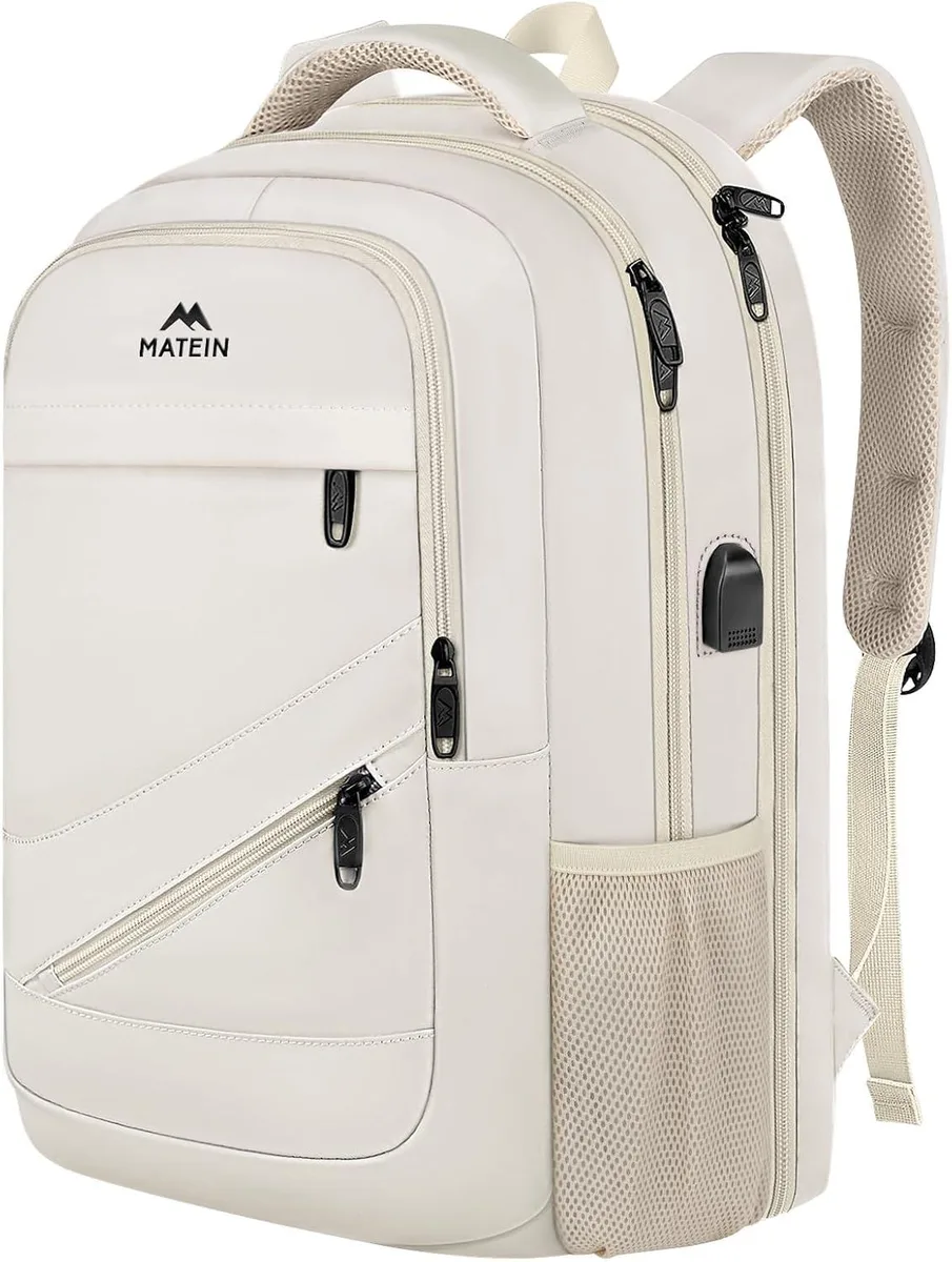 Beige 17 inch laptop backpack with USB charging port and luggage strap