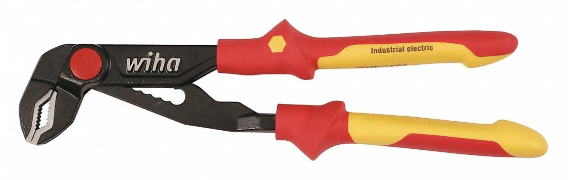 Black oxide water pump pliers with cushioned grips and push-button adjustment