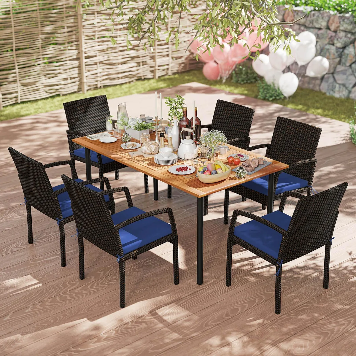 Navy PE rattan dining set with acacia wood table and six cushioned armchairs