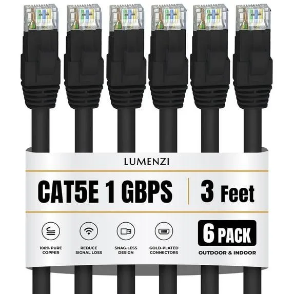 Lumenzi Lumenzi Cat 5e Ethernet Cable 3 ft Black 6 Pack 350 MHz — product photo