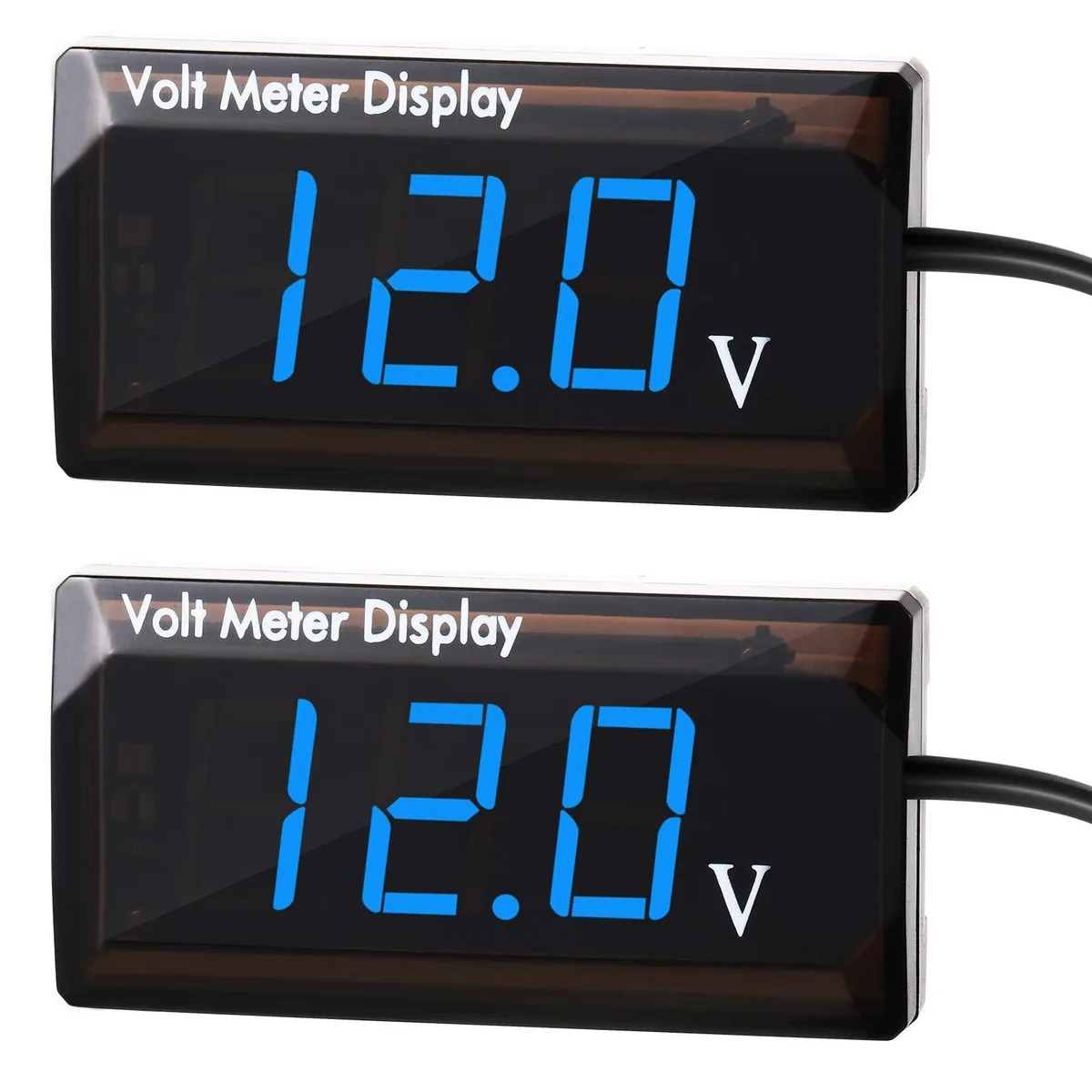 Two small rectangular blue LED voltmeter gauges with transparent PVC shells