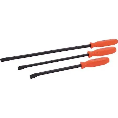 Three black oxide pry bars 13 18 24 inches with orange acetate handles in a plastic tray