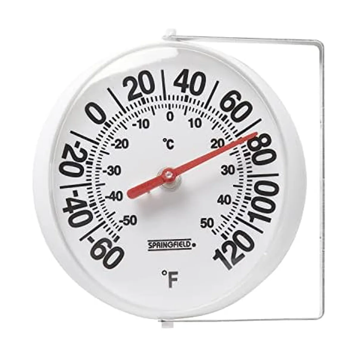 White 5.25-inch analog thermometer with bold black numbers, red pointer, and side mounting bracket