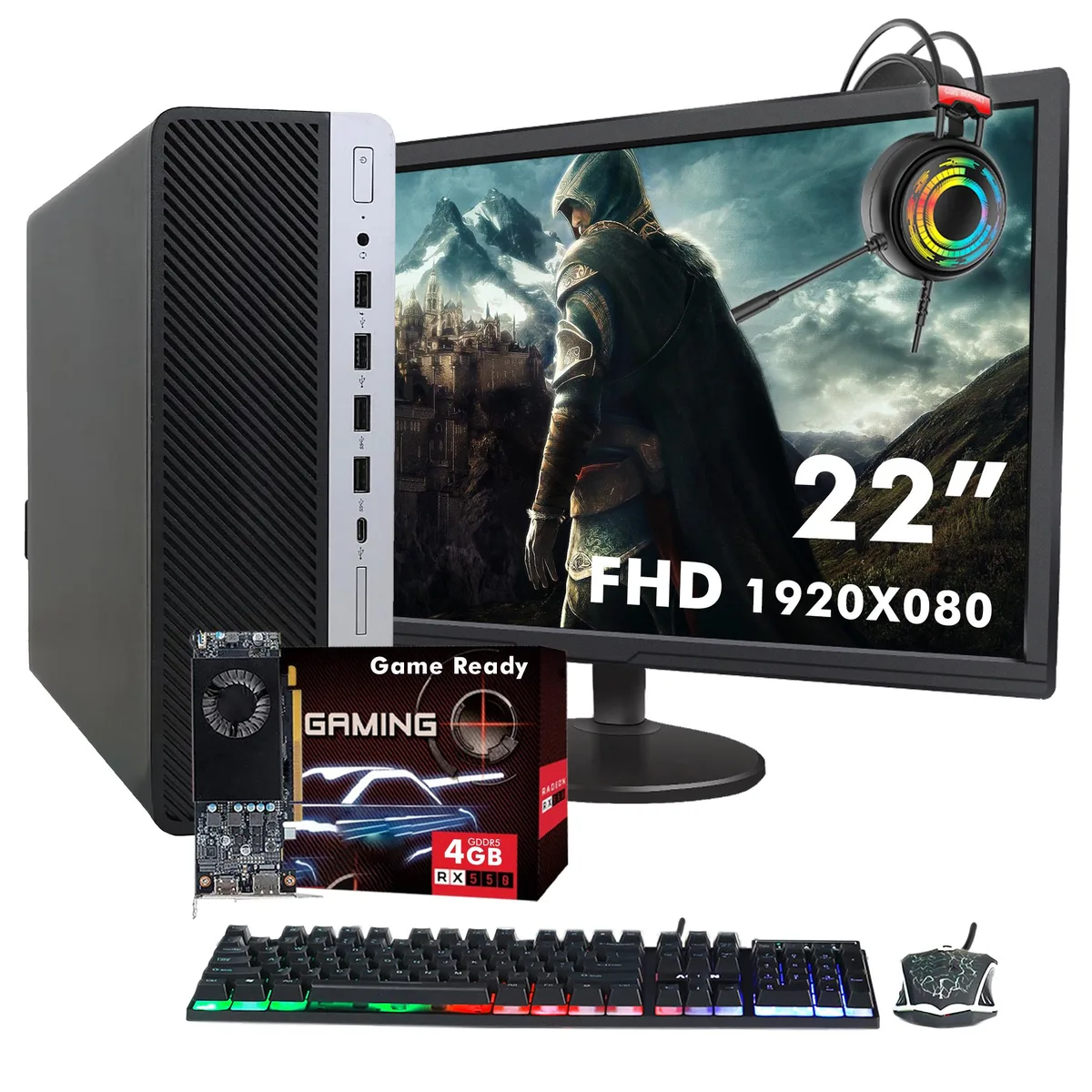 HP HP ProDesk 600 G3 SFF desktop PC i5-6500 32GB 512GB RX 550 22" monitor — product photo