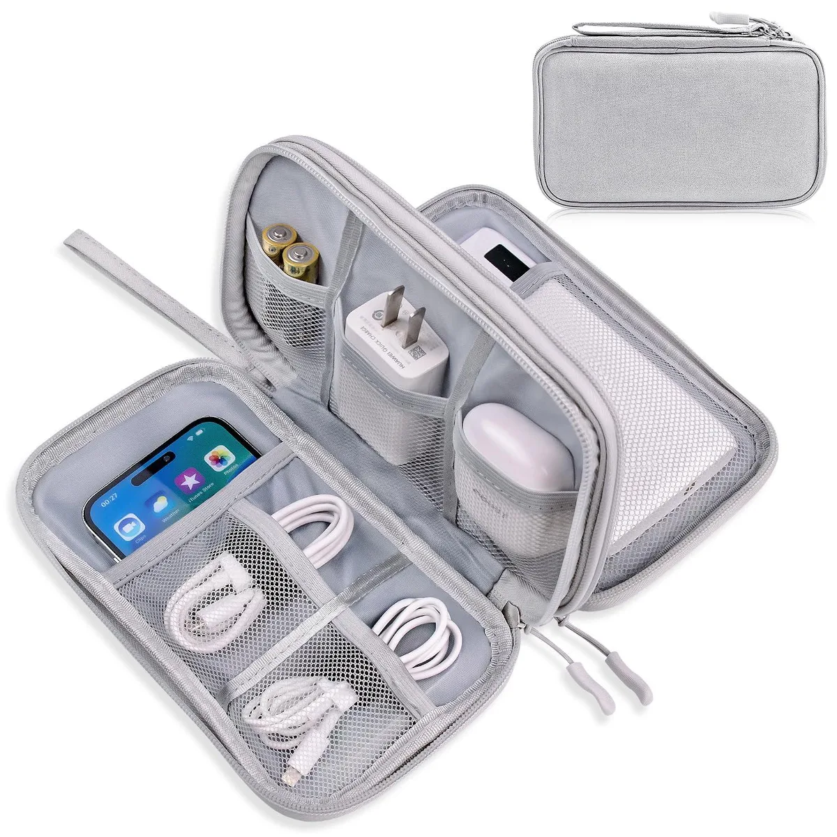 Grey medium travel organiser pouch with double zippered compartments and mesh pockets