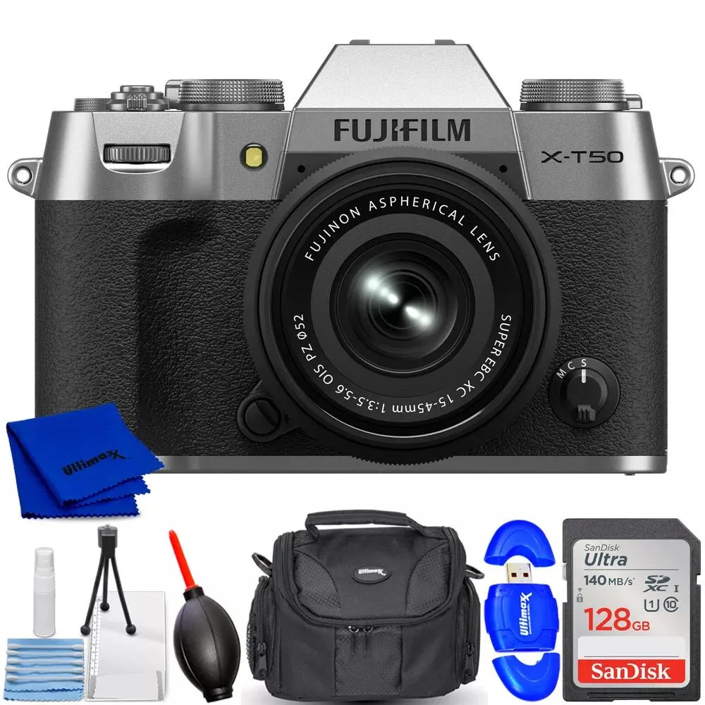 FUJIFILM FUJIFILM X-T50 Compact Mirrorless Camera with XC 15-45mm f/3.5-5.6 Lens Silver Bundle — product photo