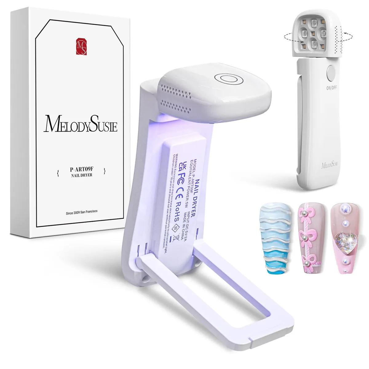 Compact white UV nail lamp with foldable stand and adjustable head