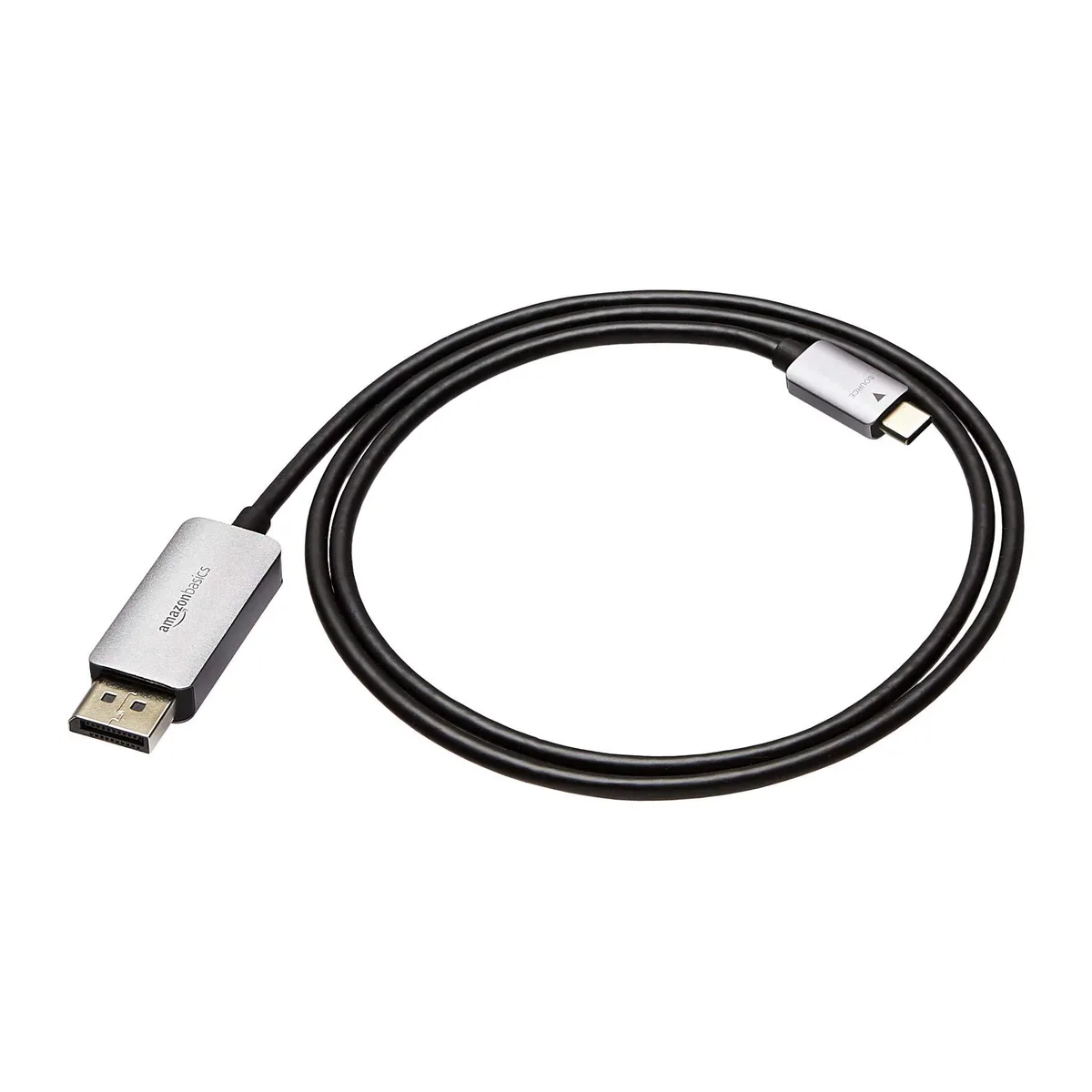 Black aluminum USB-C to DisplayPort cable, 3 ft, male-to-male connectors