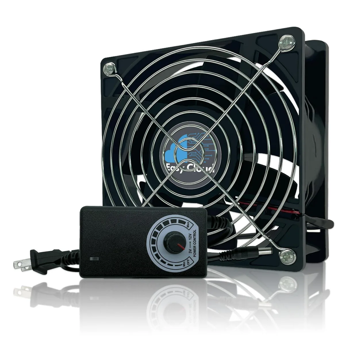 120 mm square industrial fan with 38 mm depth, black frame and blades, integrated speed controller with AC plug visible