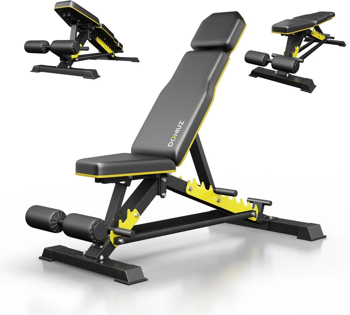 Adjustable weight bench, steel frame, black PU leather pads, compact home gym form
