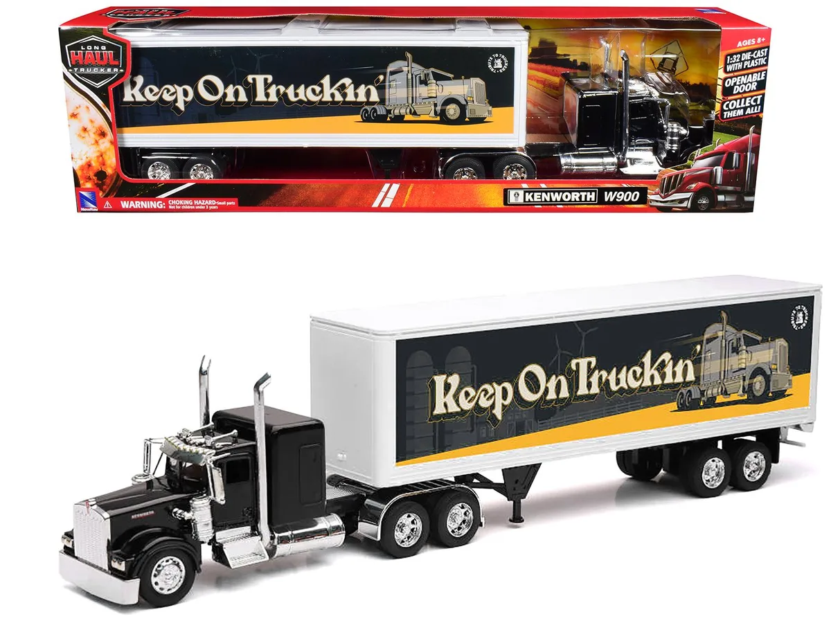 New Ray Toys New Ray Toys Kenworth W900 1/32 Diecast Truck Black Dry Van Trailer Tribute To Truckers — product photo