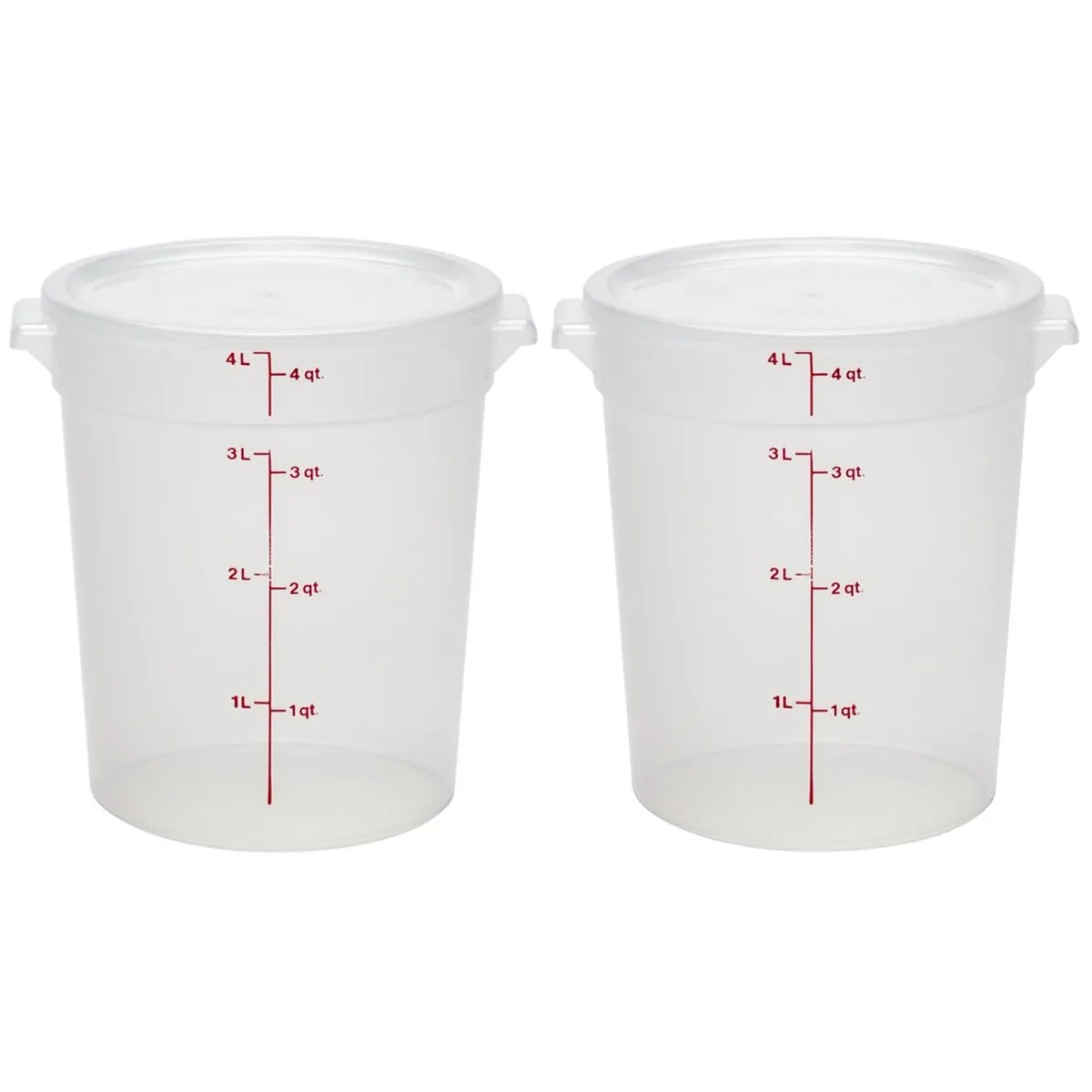 Two translucent round 4 quart containers with lids