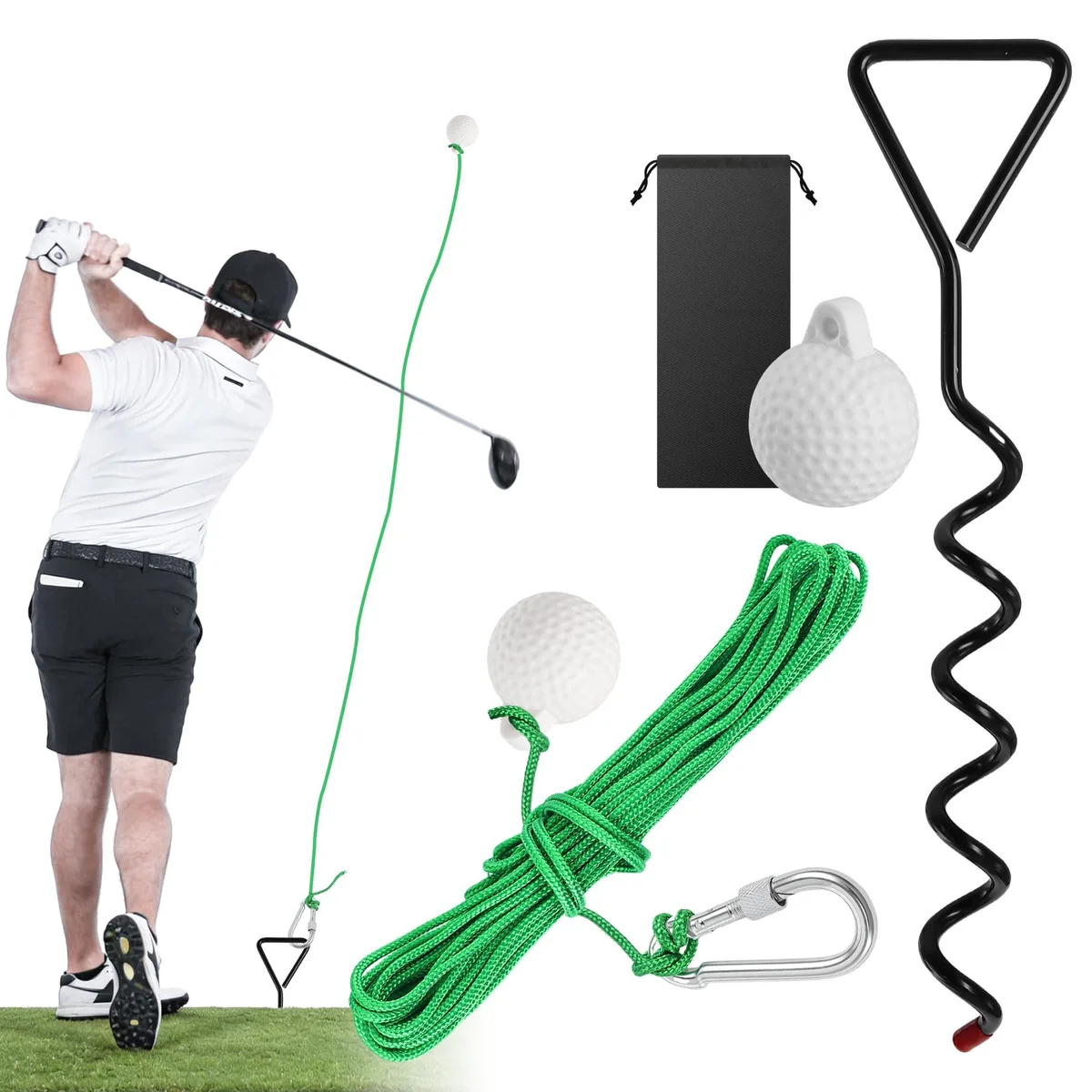 Green golf swing trainer with rope, ball and spiral ground stake