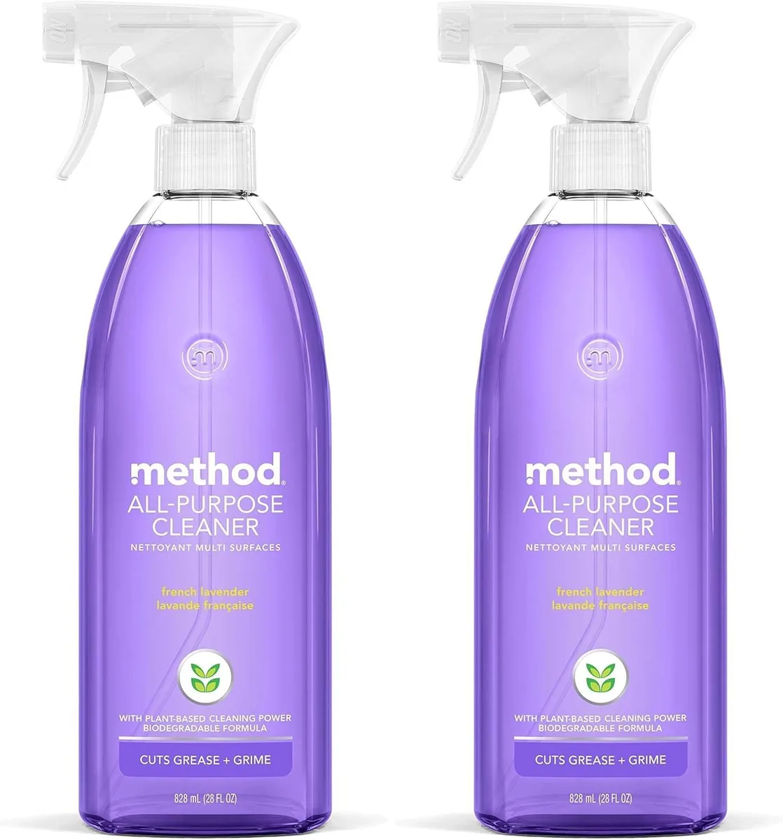 White 28 fl oz spray bottle with lavender label and trigger