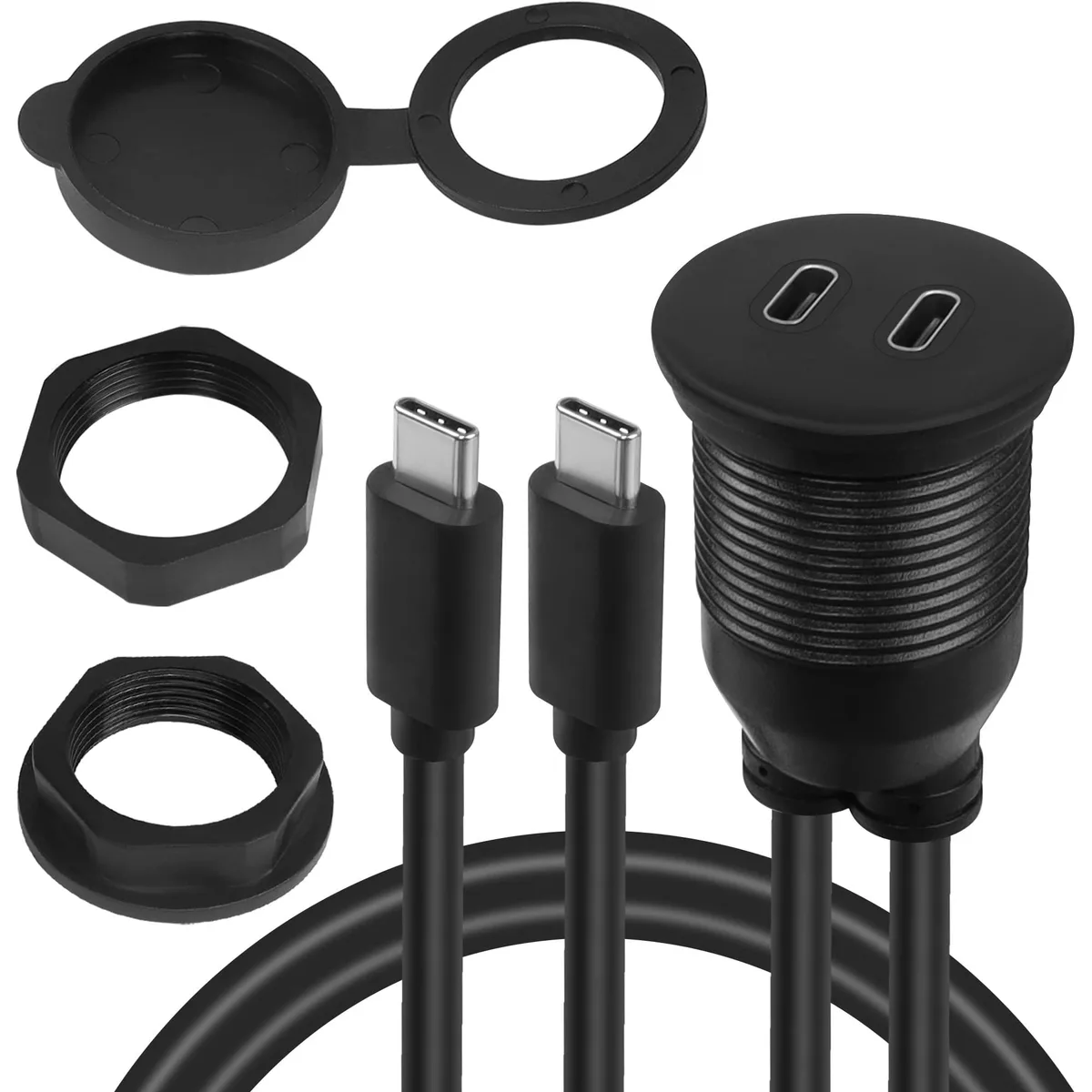 Black dual USB C threaded flush-mount waterproof cable with two male and two female connectors, M26×1.5 thread, 1m length