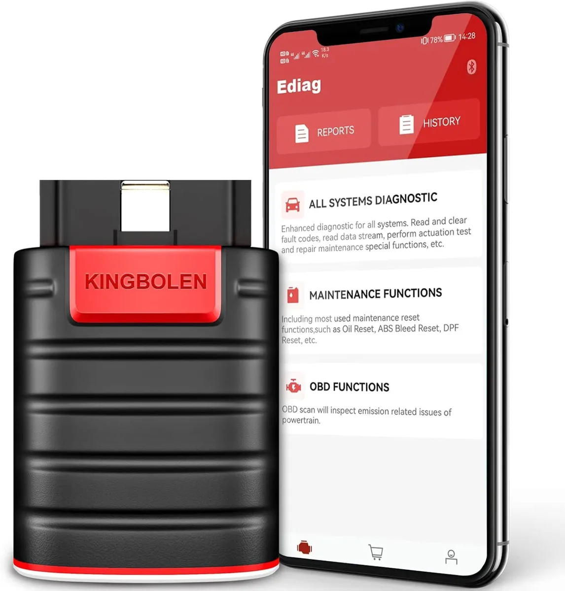 Small rectangular Bluetooth OBD2 scanner with rounded edges and matte black finish