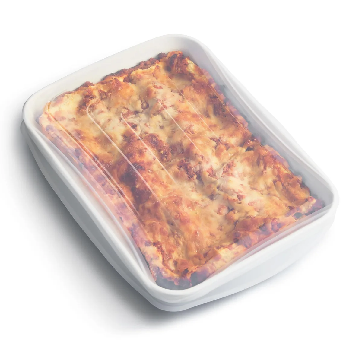 Clear rectangular silicone stretch lid with pull tabs, 9 by 13 inches