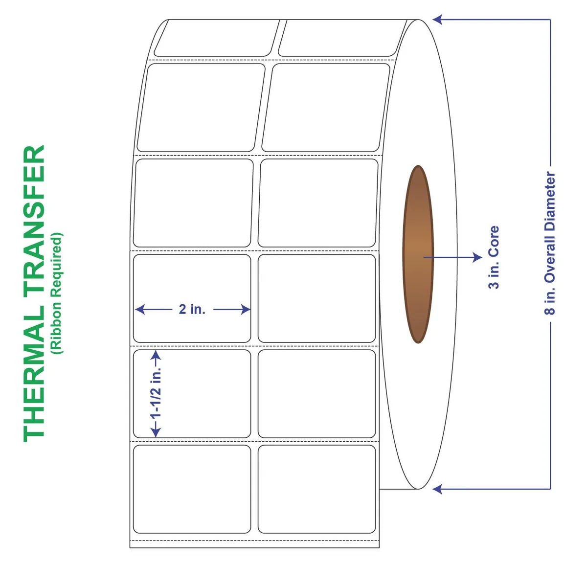 Four white label rolls on a cardboard carton