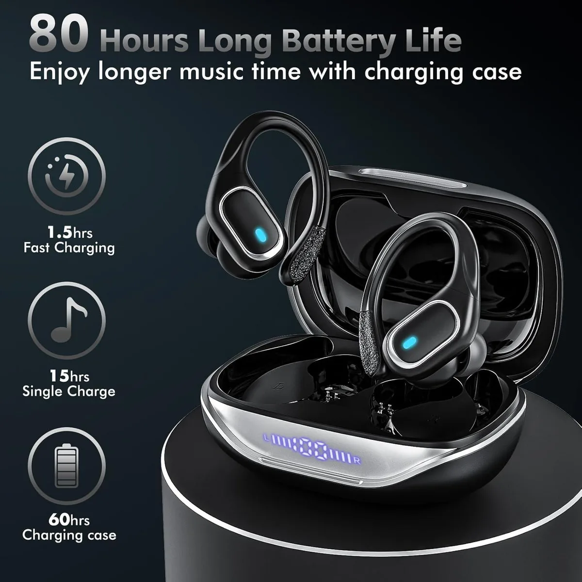 Black wireless earbuds with over-ear hooks and LED charging case