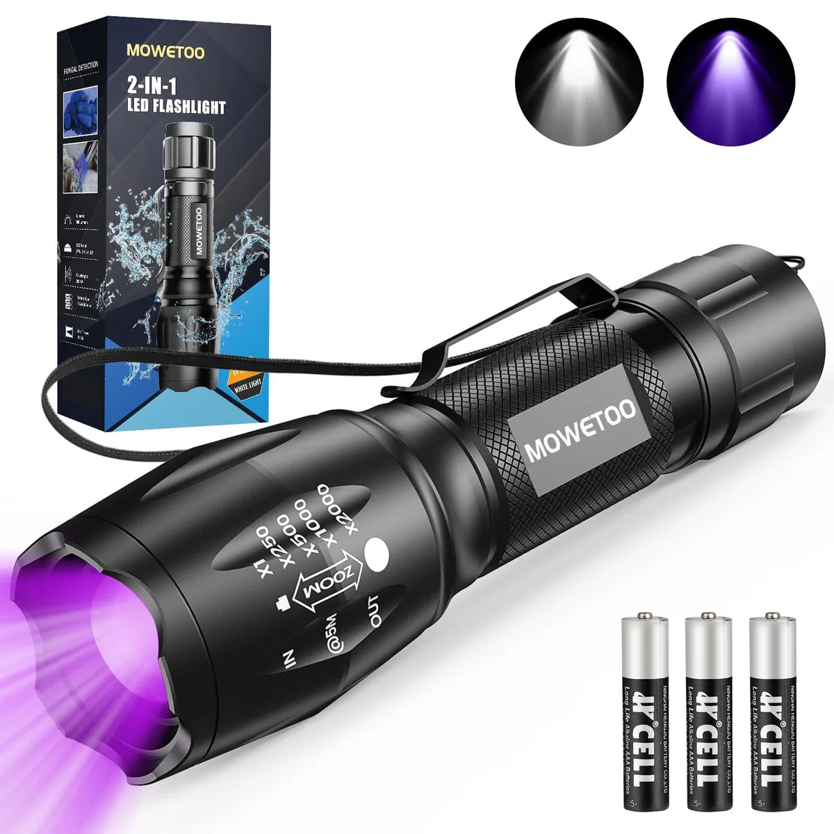 Compact aluminum UV flashlight, black anodized finish, 5.11 inches long, dual white and 395nm UV LEDs, zoom head, four mode selector