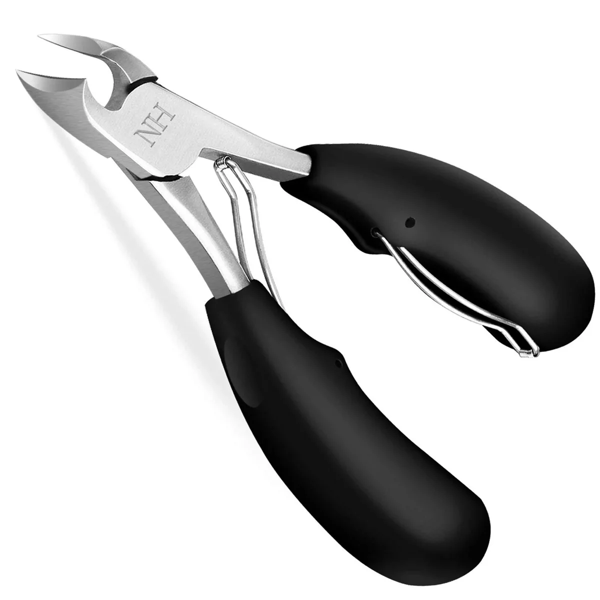 Black stainless steel nail clippers with curved blades, ergonomic ABS handles and double spring mechanism