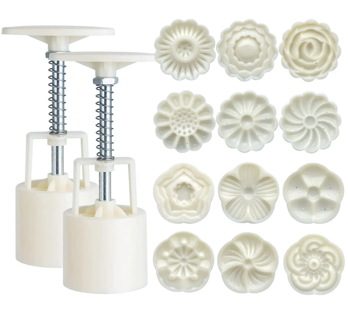 White mooncake mould set with twelve patterned stamps and two press handles, fourteen pieces total
