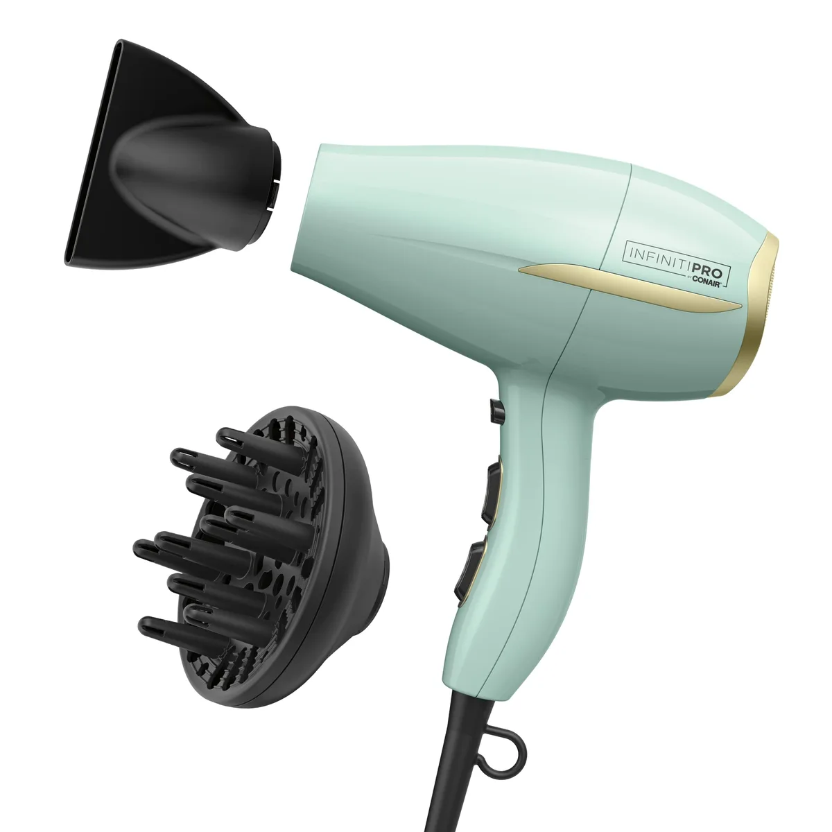 Mint hair dryer with diffuser and concentrator attachments