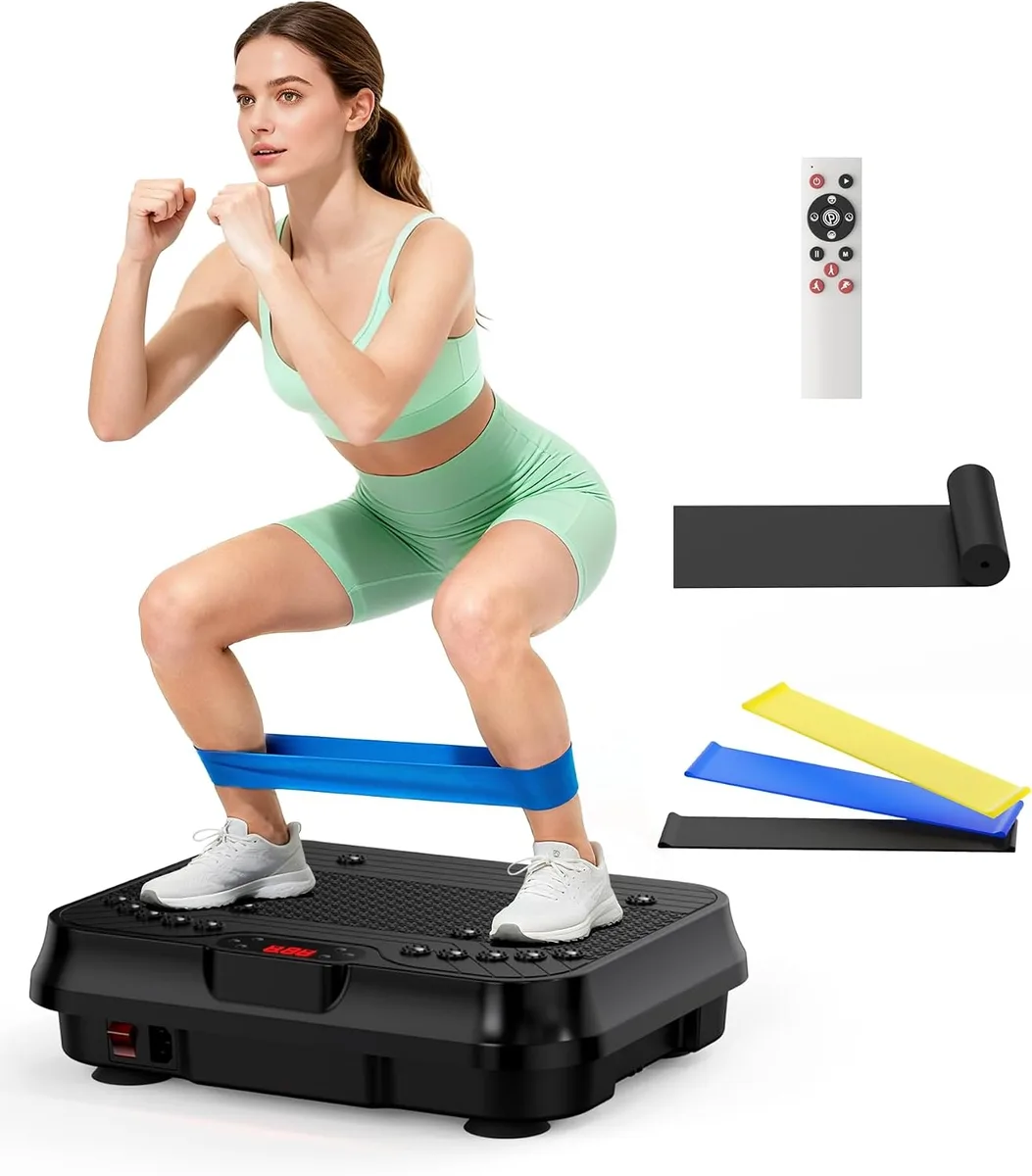 A compact rectangular vibration plate with a black textured surface, LED display, and resistance bands attached