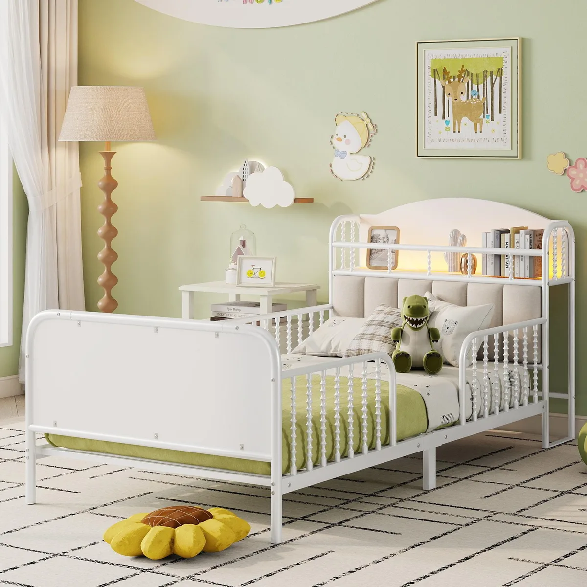 White metal twin bed frame with upholstered headboard storage shelf and LED light strip