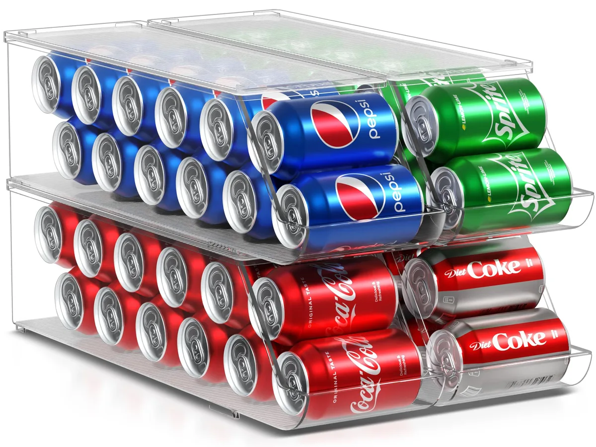 Four red silicone stackable can dispensers, each holding twelve cans
