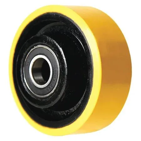 Grey polyurethane wheel on iron core, four inch diameter, precision ball bearing, non-marking tread