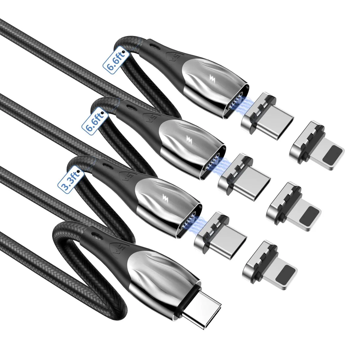 Orange braided USB-C magnetic cable with right-angle connector and LED indicator, 3 ft length
