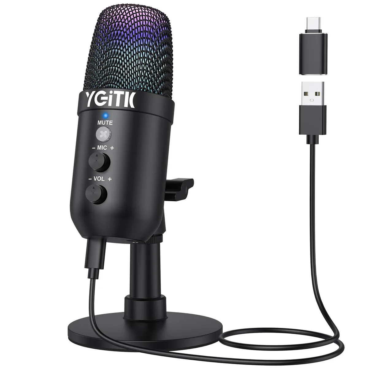  YGiTK KTY055EU USB Condenser Microphone with RGB Stand, Mute, Gain, 3.5mm Jack — product photo