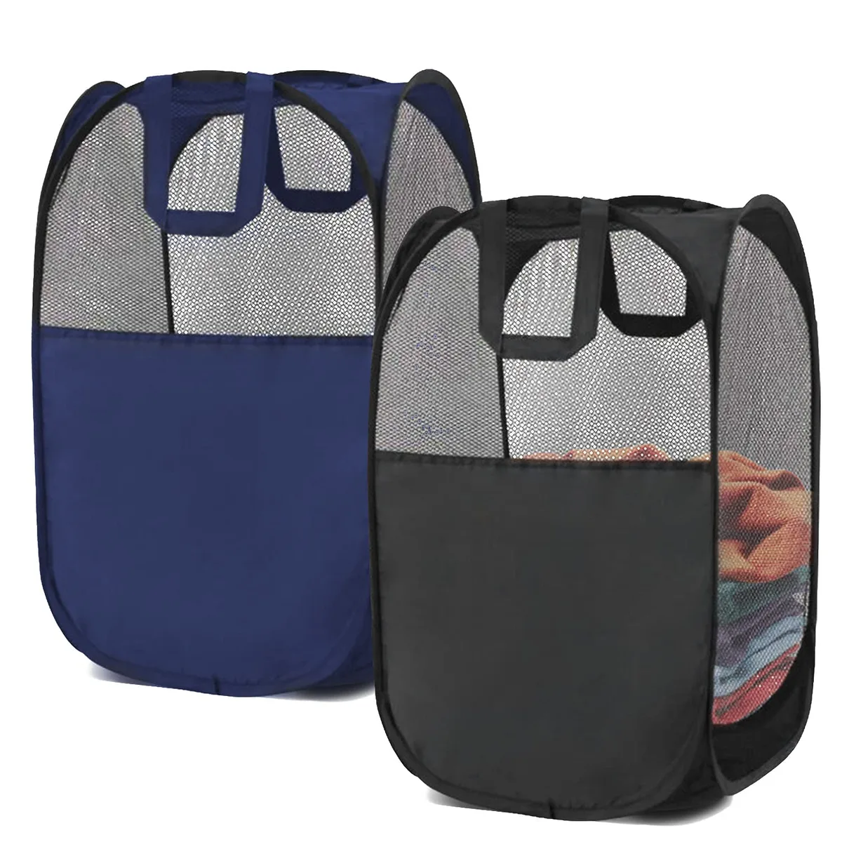 Two pop-up mesh laundry baskets, black and blue, folded and open, 14.2 by 23 inches