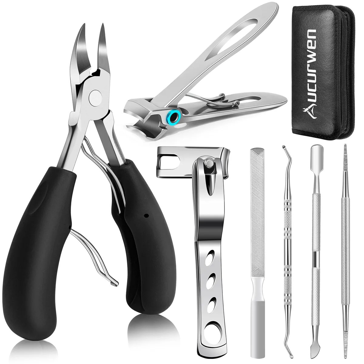 Blue seven-piece toenail clipper set with curved stainless steel blades and long non-slip handles in a storage bag