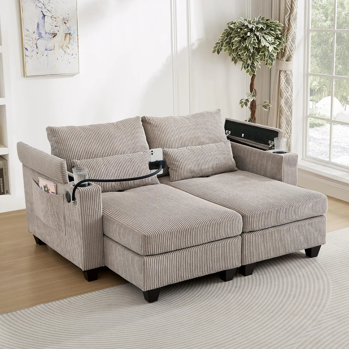 Brown corduroy convertible chaise loveseat sofa bed 63 inches