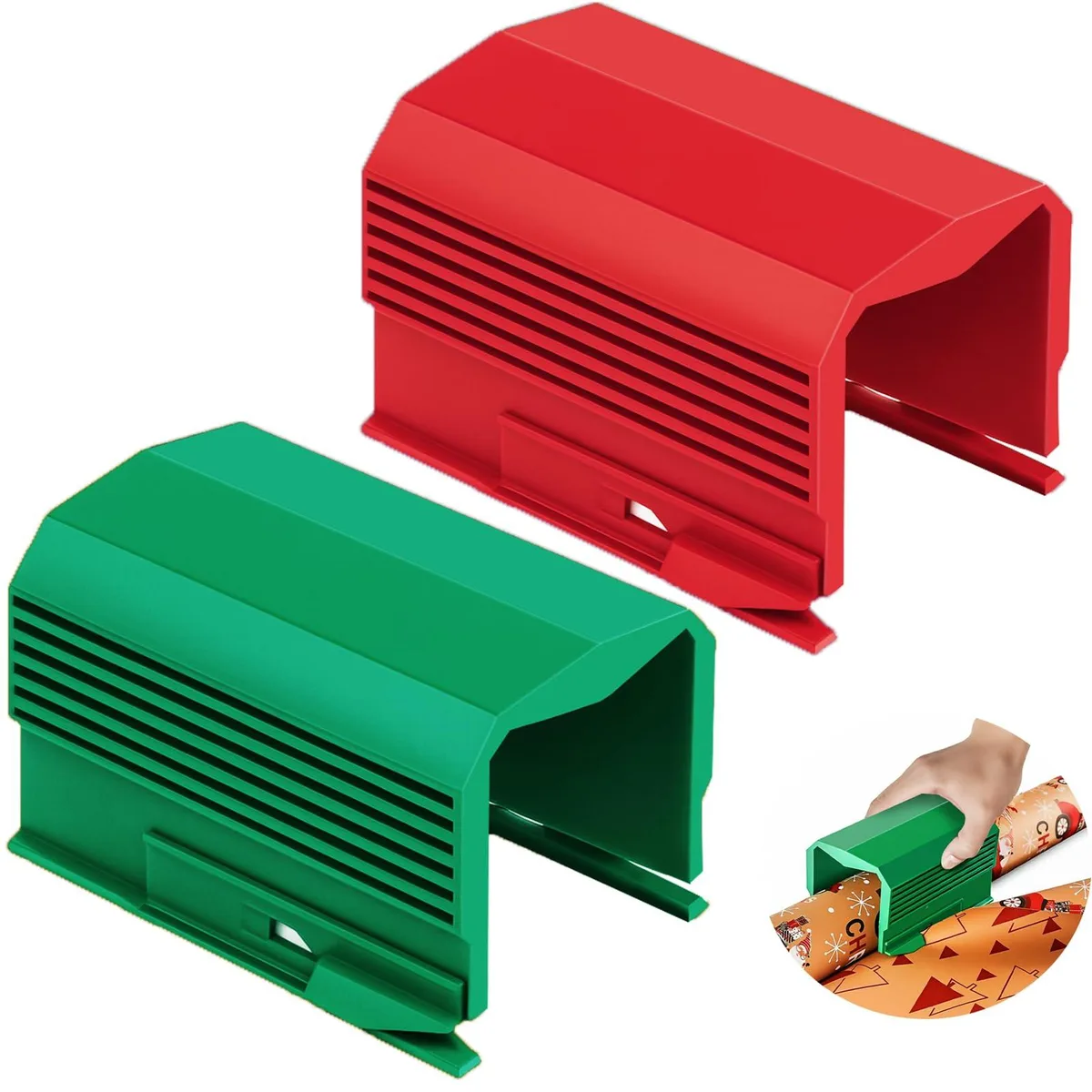 Two green desktop paper-roll trimmers with metal blades and plastic bases