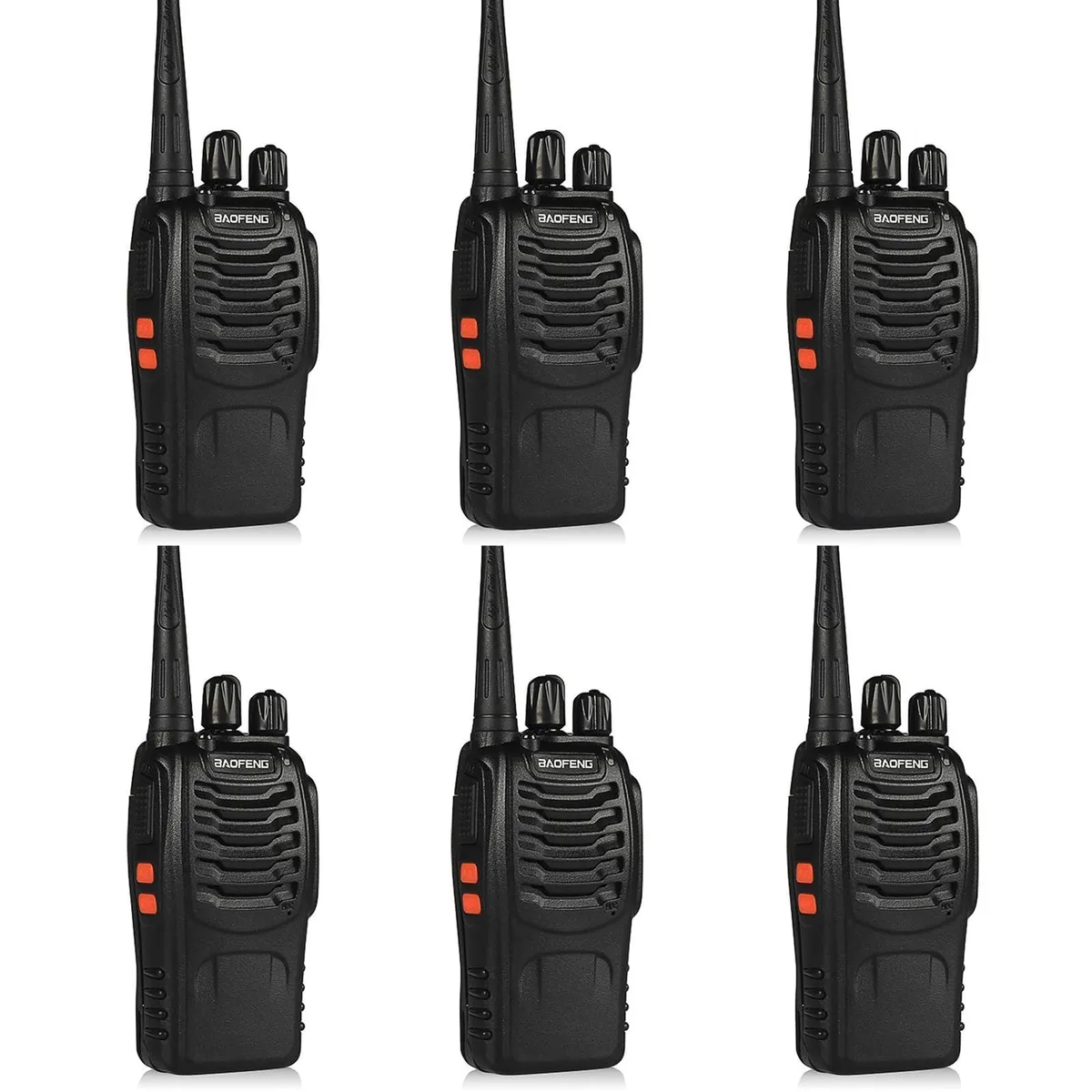 Six black handheld UHF radios with antennas, belt clips and earpieces laid out together