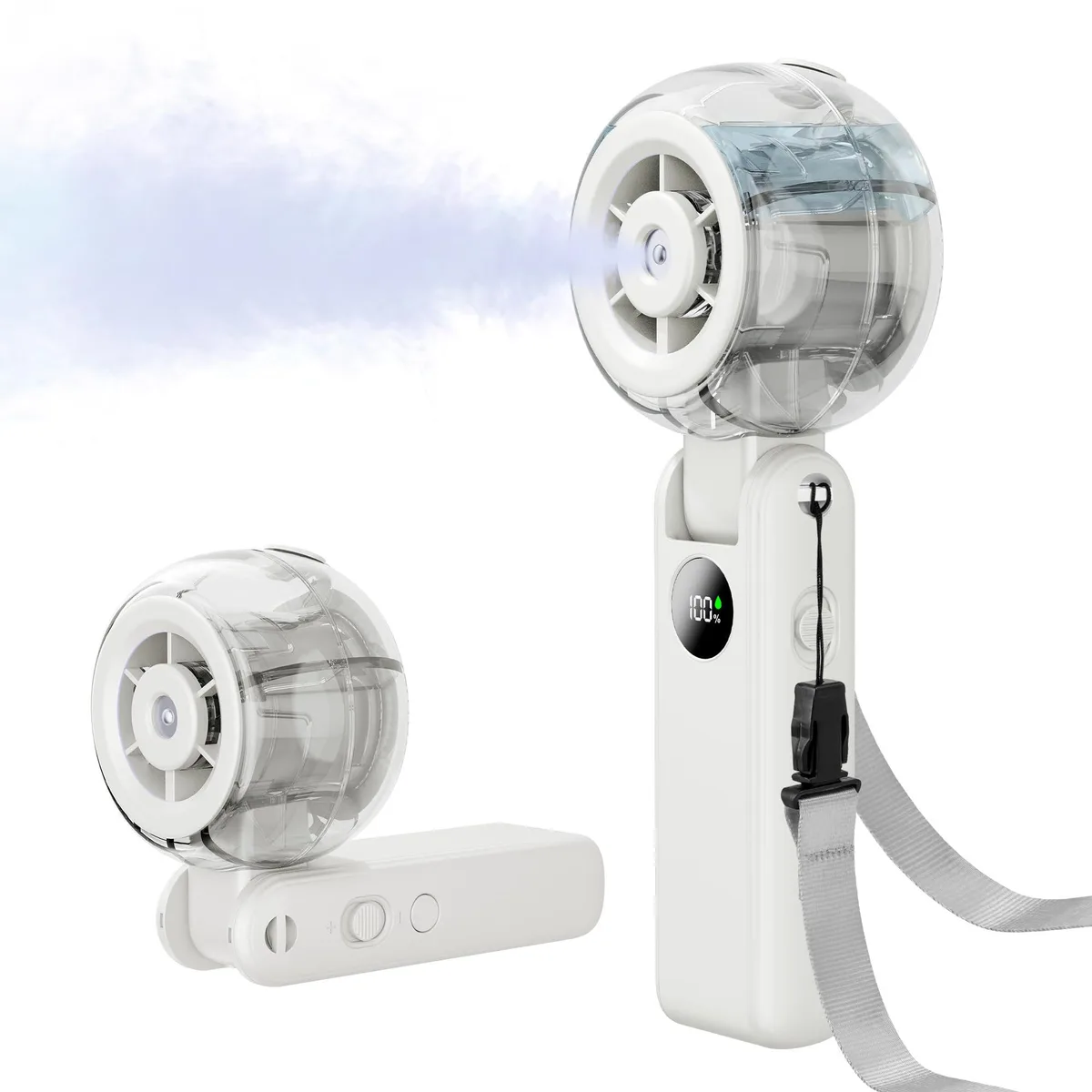 Silver handheld misting fan with foldable frame, lanyard, refill bottle and USB cable