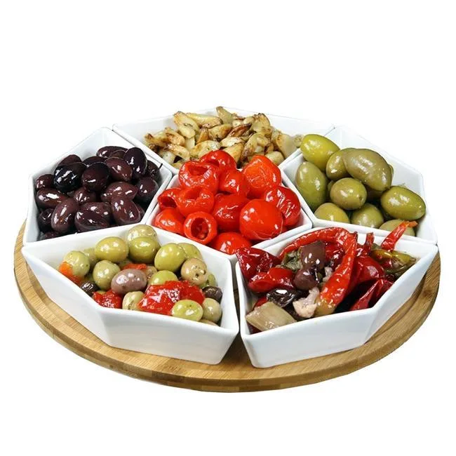 Elama EL-190 12 inch condiment server set with bamboo lazy Susan tray and six stoneware bowls