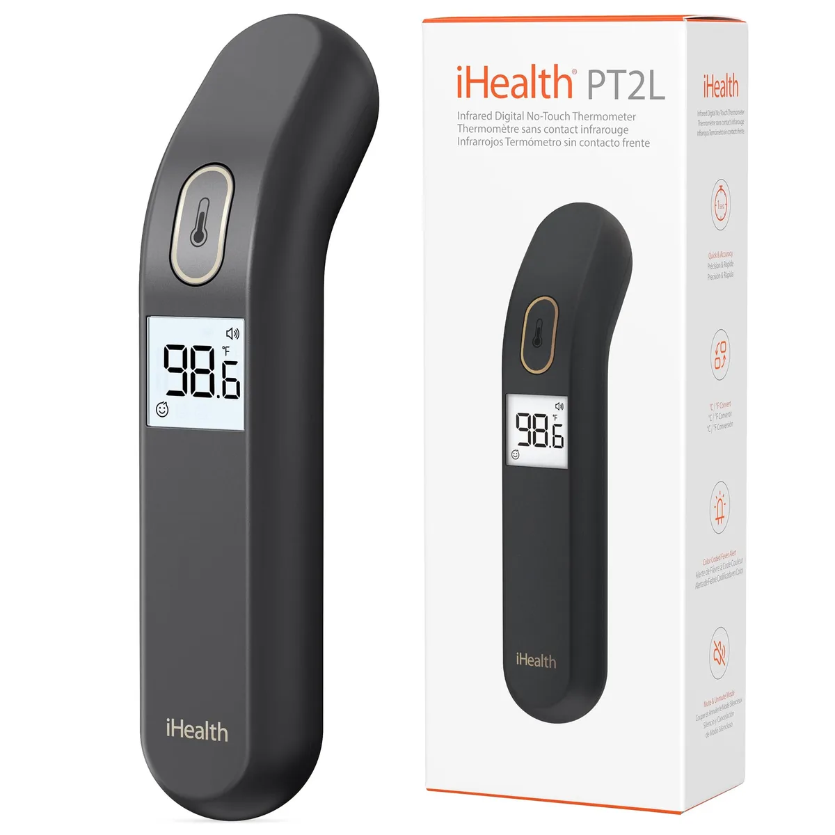 Black touchless forehead thermometer with large LCD display, single button, weighs 68g
