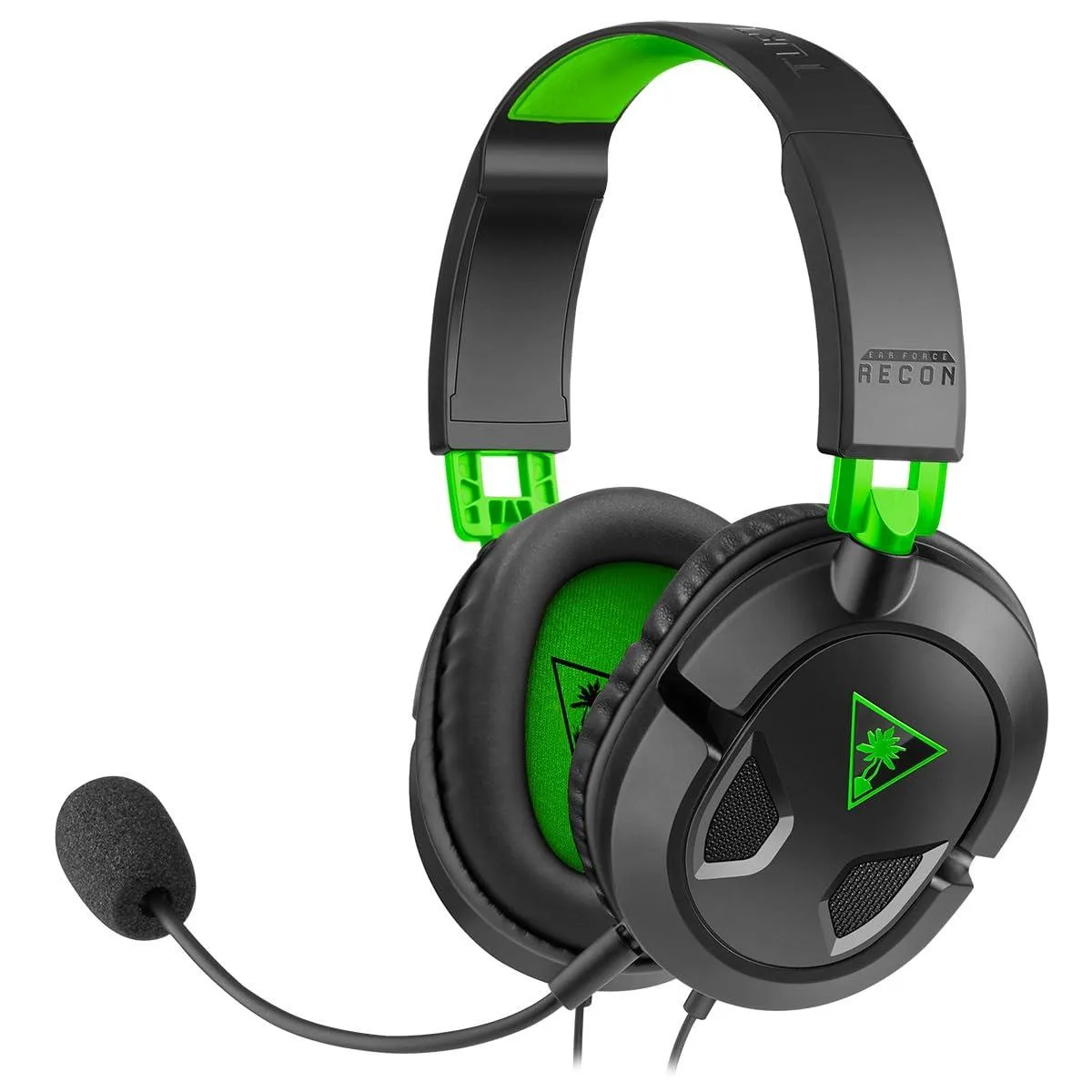 Black and green over-ear gaming headset with retractable microphone and in-line controls