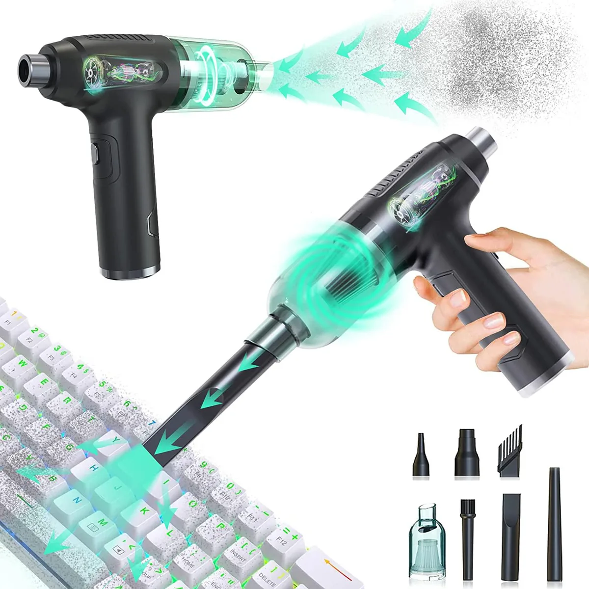 Cordless air duster and vacuum, matte grey body, trigger grip, nozzle attached