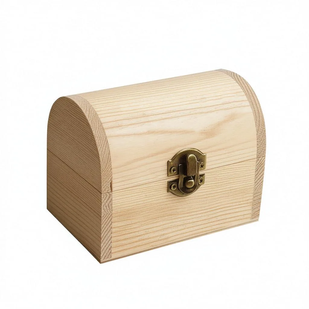 Unfinished pine treasure chest with arched lid and bronze clasp, 4.7 by 3.1 by 3.5 inches