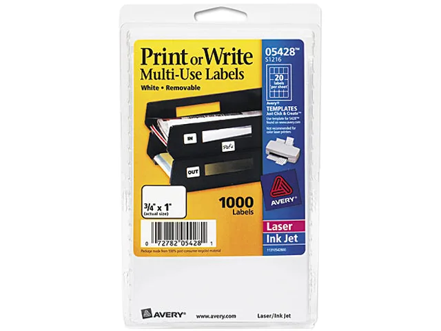 A box of 1000 white rectangular removable labels model 5428