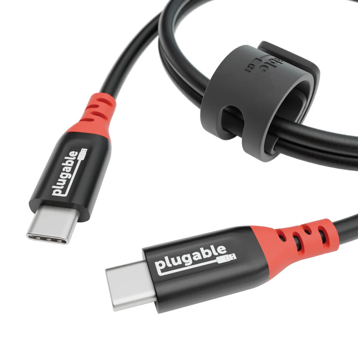 Black and red USB-C to USB-C charge-only cable with strap and tag, 1m length