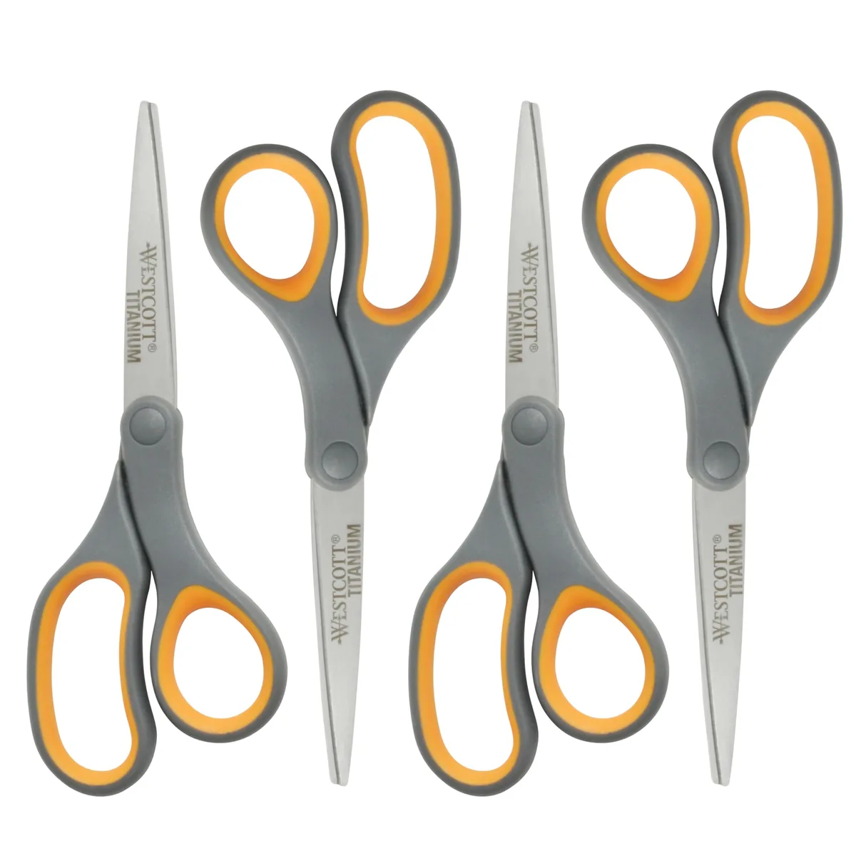 Four gray and yellow eight-inch straight scissors with soft handles